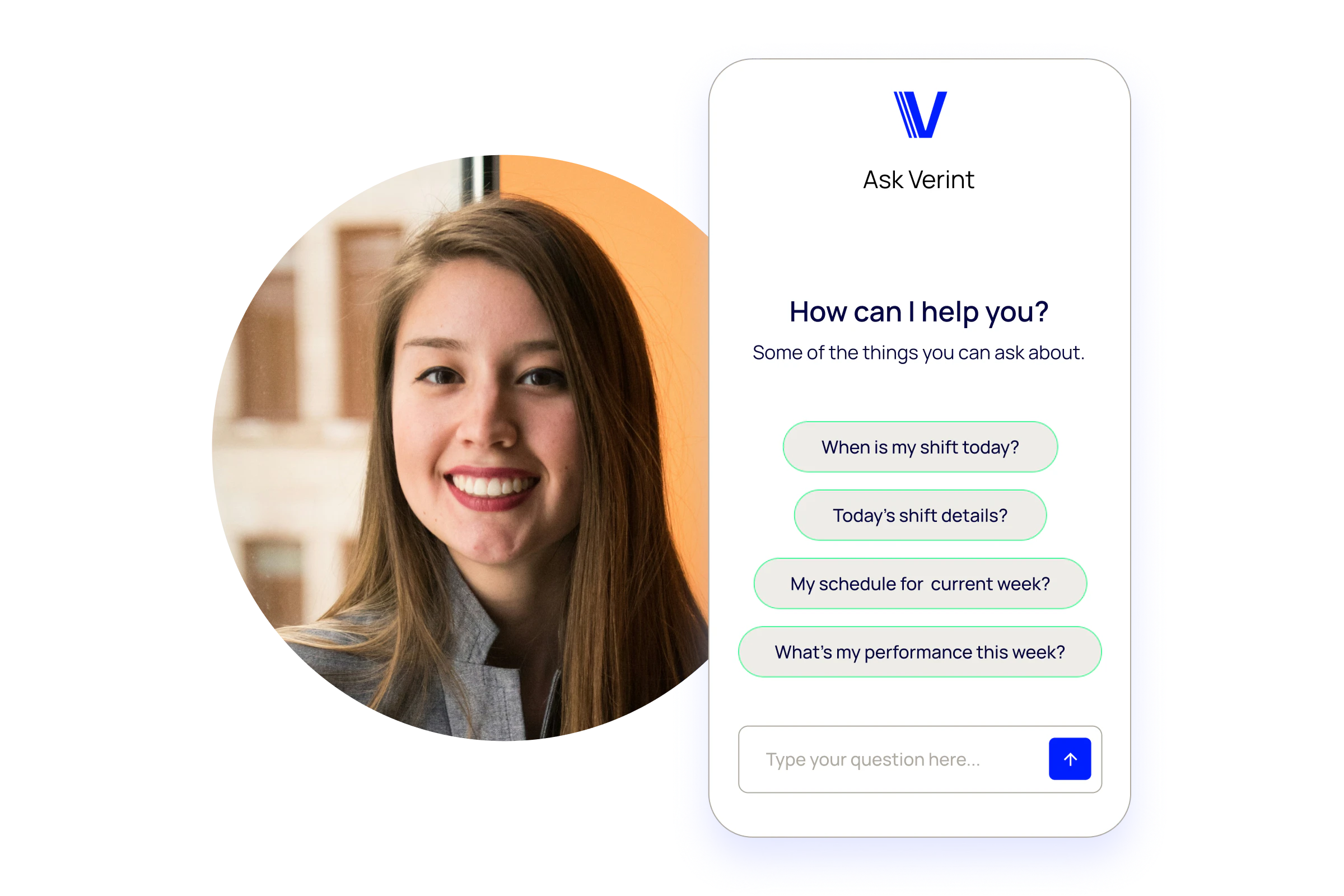 Ask Verint Phone screen depicting possible options for how Verint can help