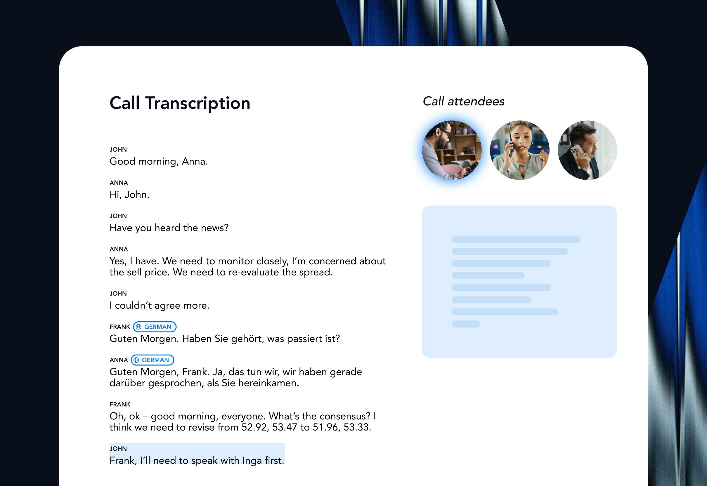 Dashboard highlighting Verint Financial Compliance features, including call transcription.