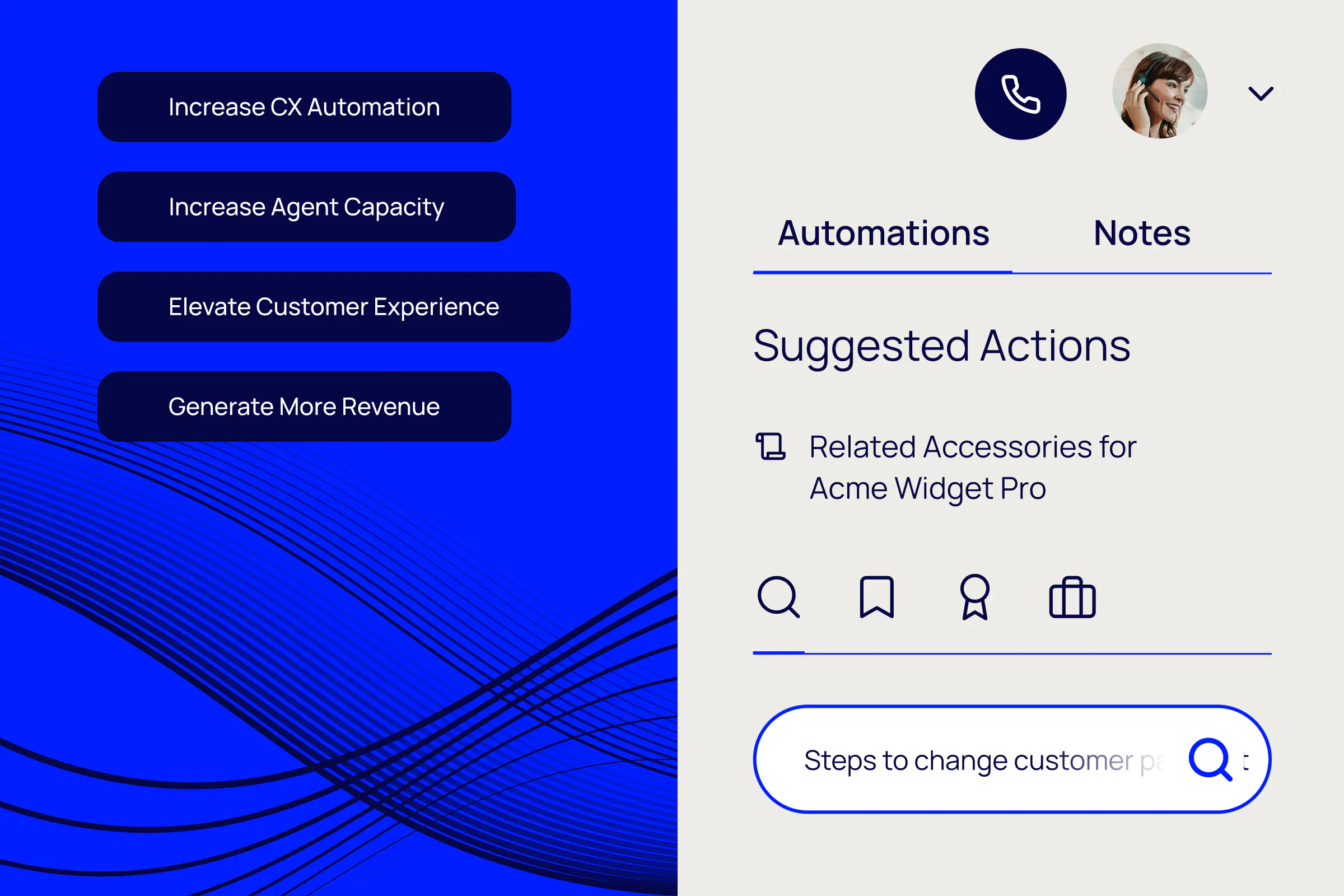 Illustration of the voice channel dashboard. The left panel highlights business goals including Increase CX Automation, Increase Agent Capacity, Elevate Customer Experience, and Generate More Revenue. The right panel shows an automation interface with suggested actions, navigation icons, a customer support profile image, and a search bar, all in a blue and white modern UI design.