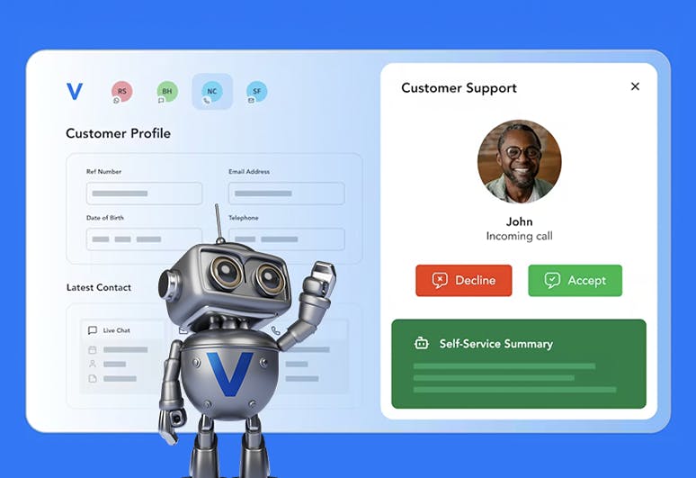 Verint-bot wijst naar een klantprofielscherm met daarin een overzicht van de zelfservicegeschiedenis.