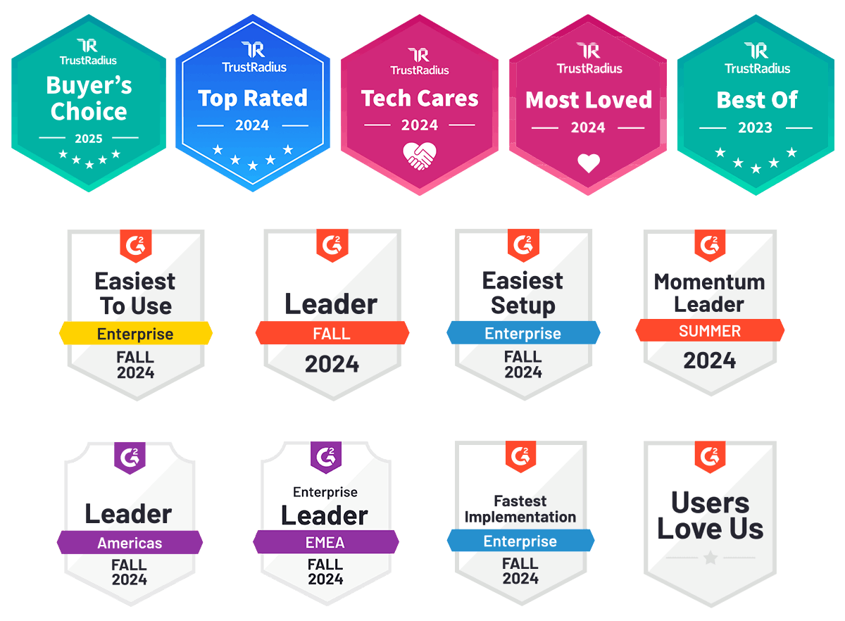 G2 and TrustRadius badges for Fall 2024