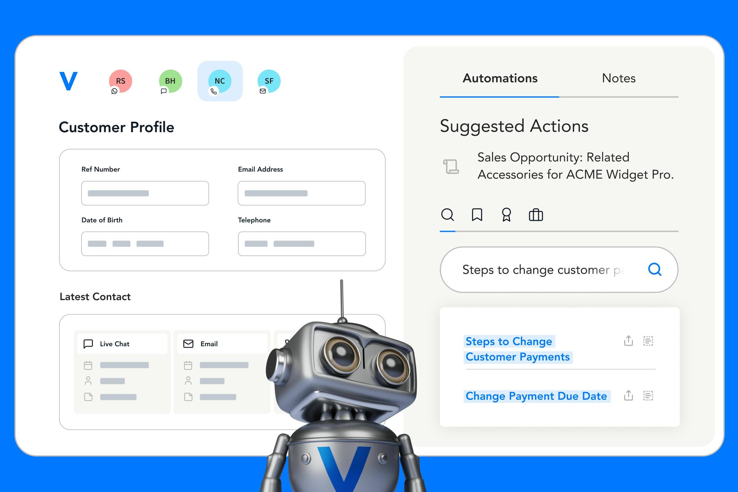 customer profile screen with suggested actions for agents from the Verint coaching bot