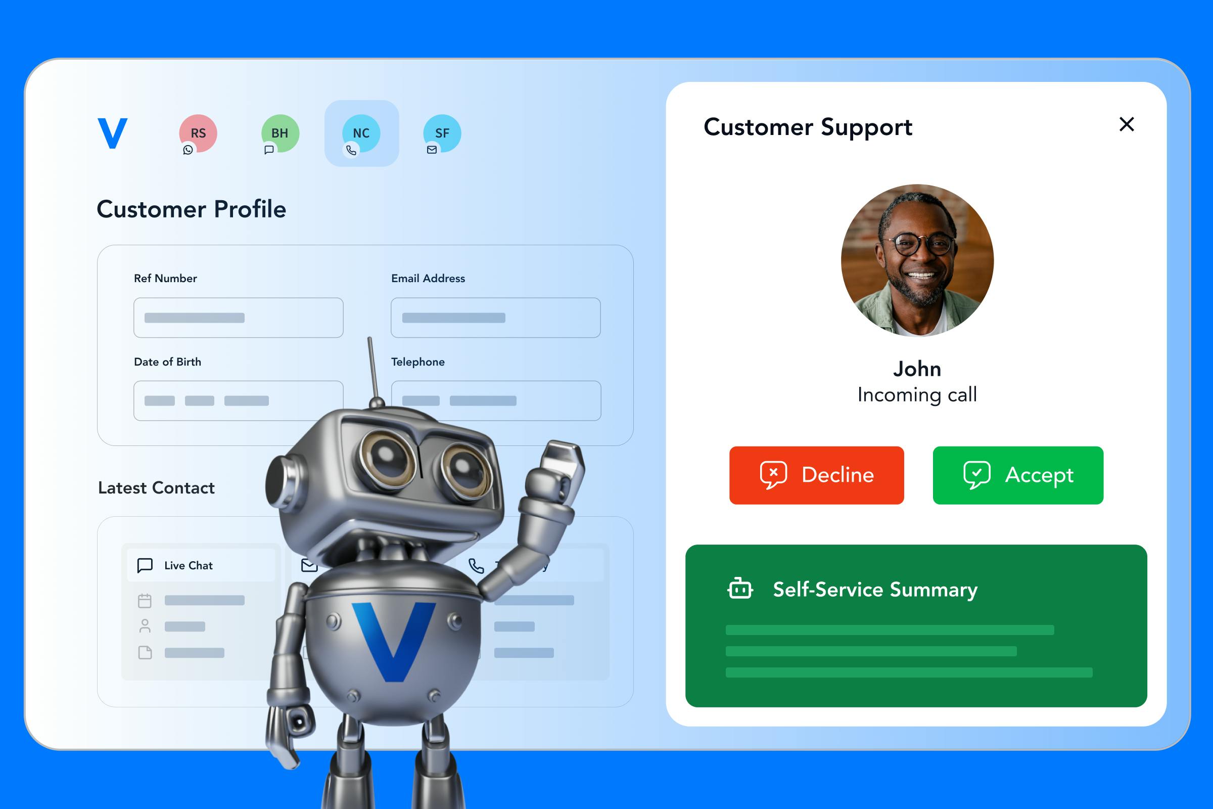 Verint 机器人指向包含自助服务摘要的客户档案屏幕