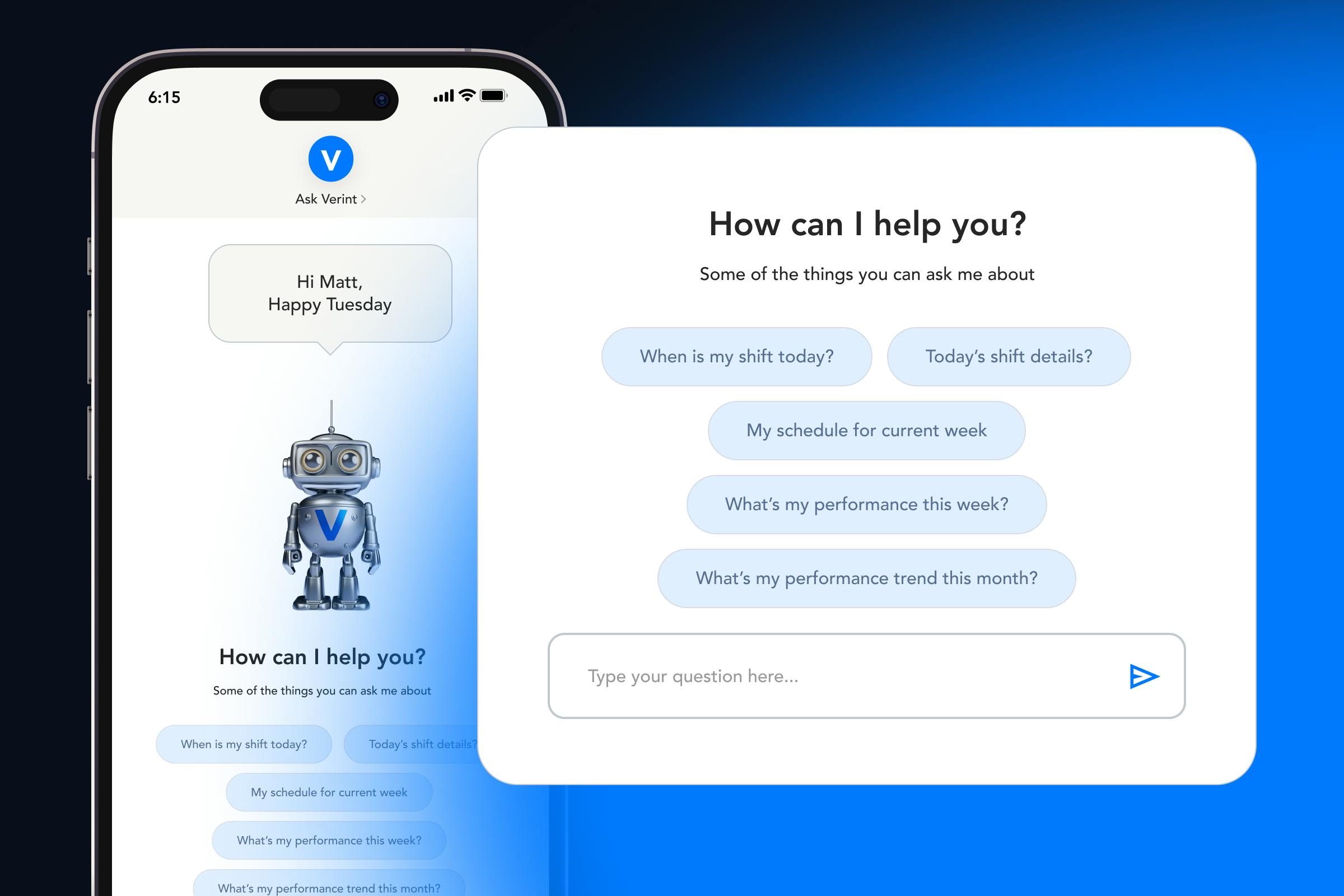 Ask Verint Phone screen depicting possible options for how Verint can help