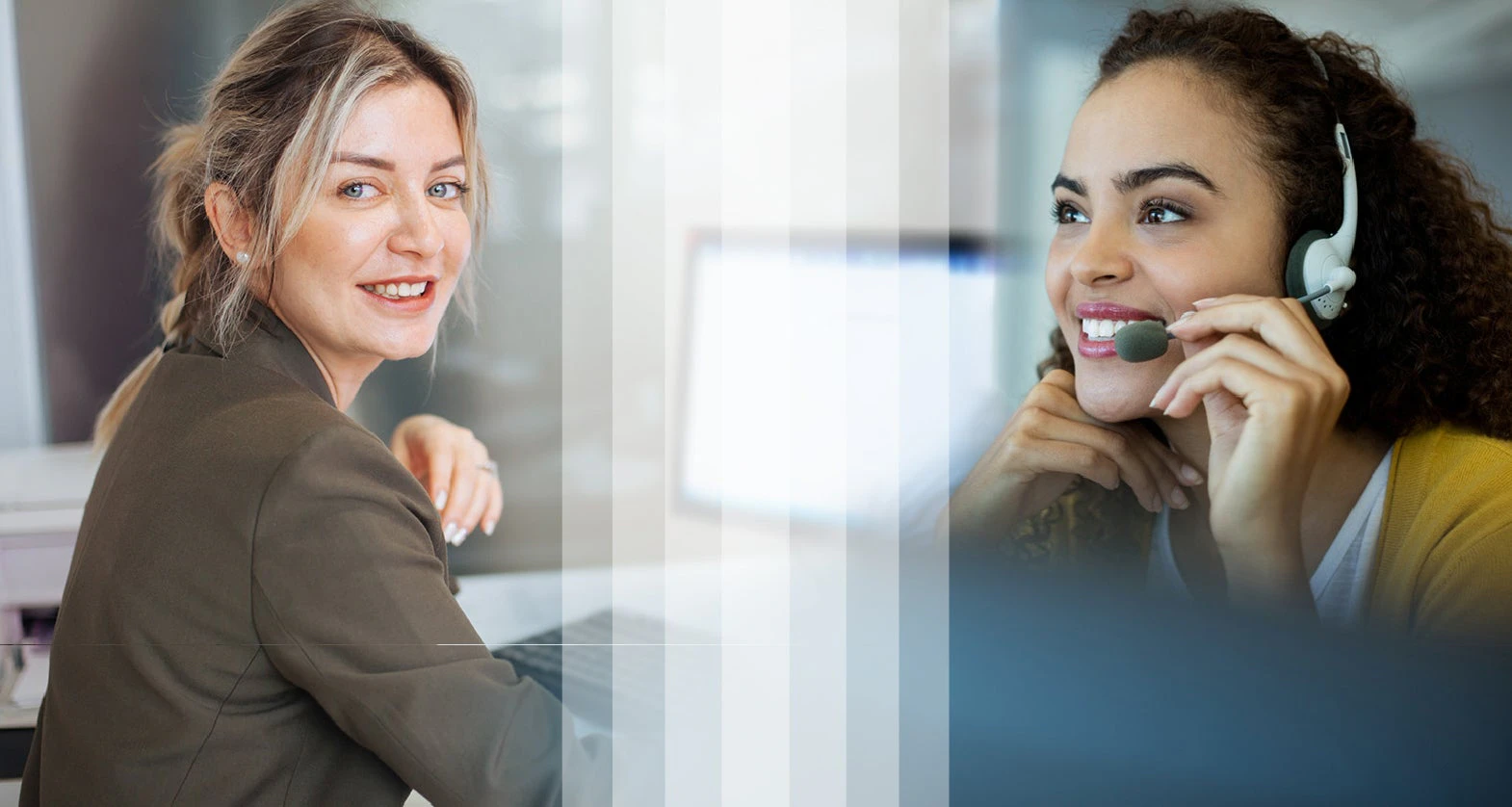 A woman who is a contact center supervisor on the left separated by white space from a woman on the left who is a contact center agent