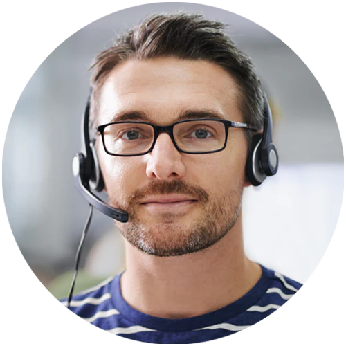 Photo portrait of young male contact center agent wearing headset.