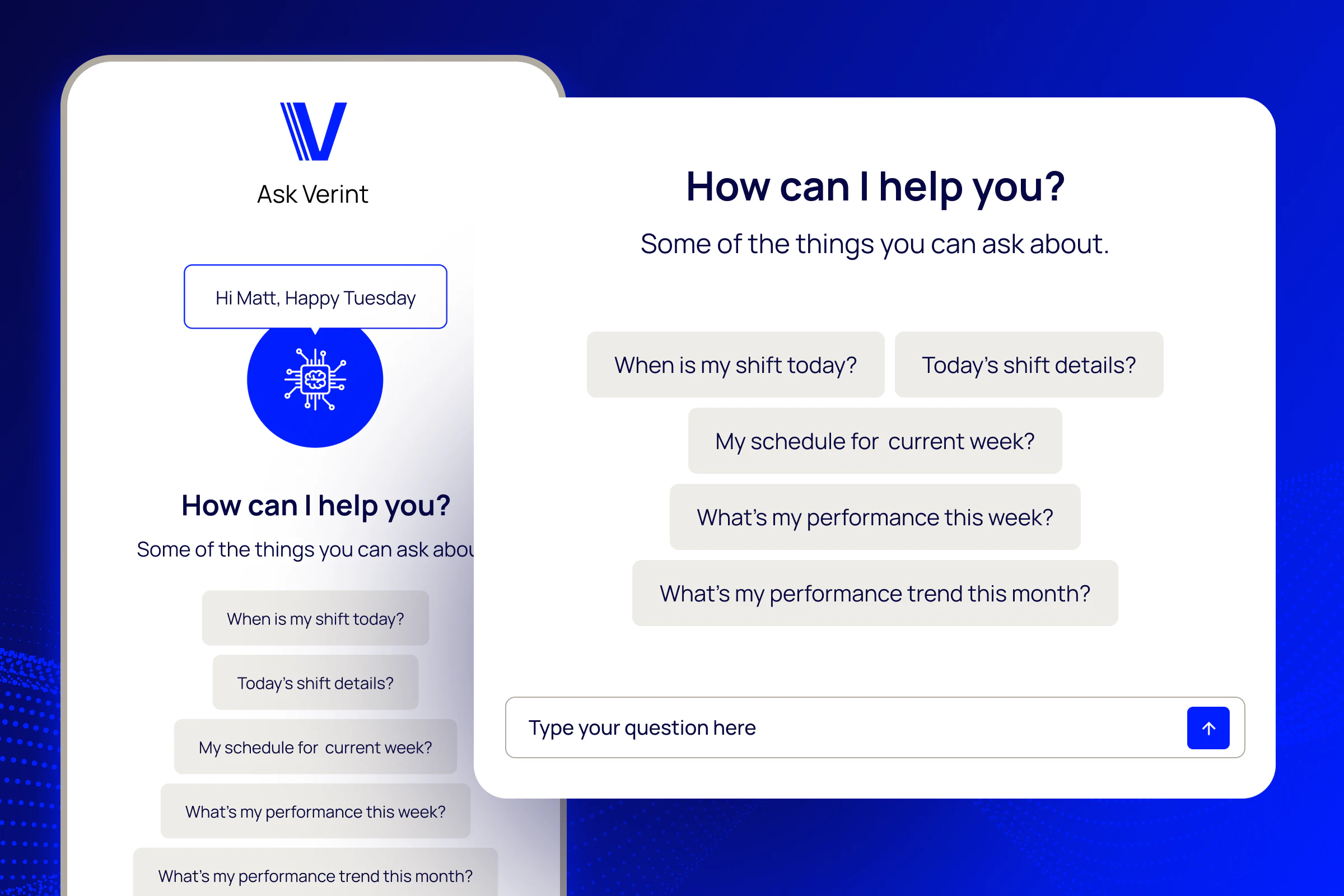 Ask Verint Phone screen depicting possible options for how Verint can help