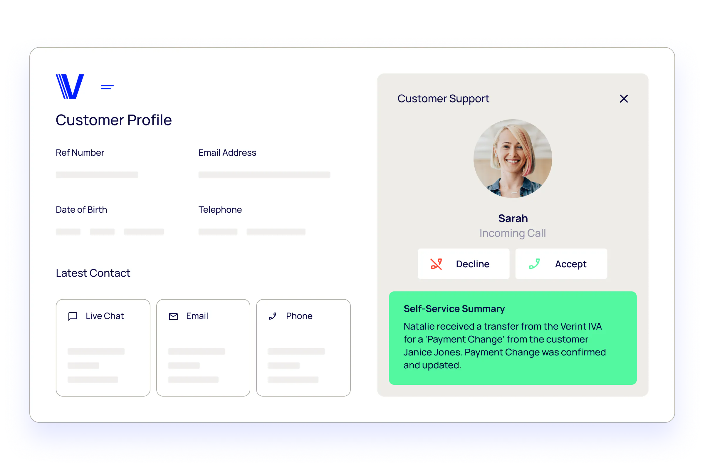 Verint bot pointing to a customer profile screen that includes a self-service summary
