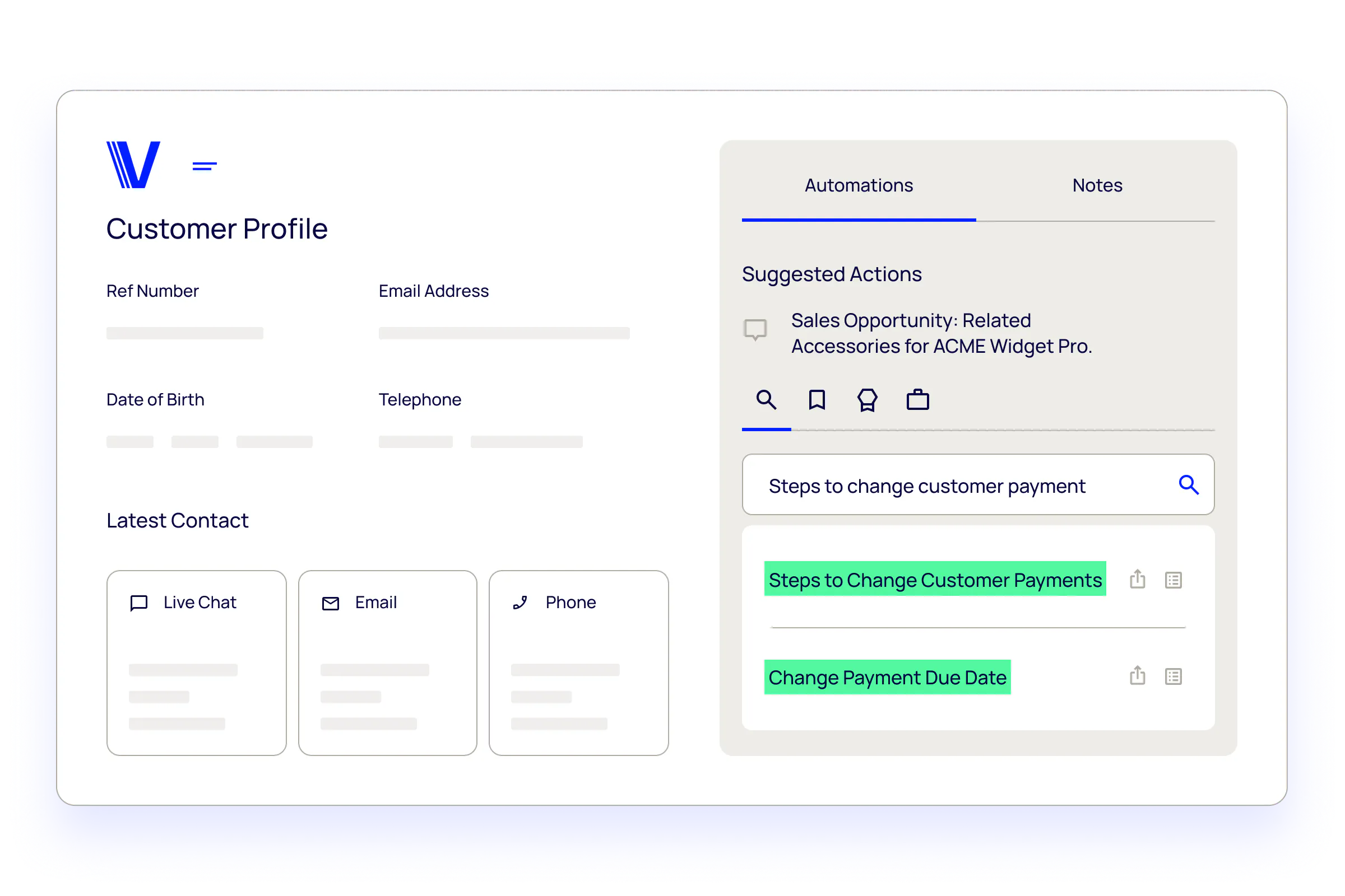 customer profile screen with suggested actions for agents from the Verint coaching bot