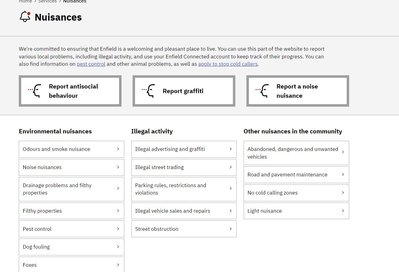 Enfield Council's dashboard for reporting Nuisances.
